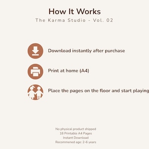 Peut inclure: Graphique beige avec le texte &laquo;&nbsp;How It Works&nbsp;&raquo; et &laquo;&nbsp;The Karma Studio - Vol. 02&nbsp;&raquo;. Les instructions incluent le t&eacute;l&eacute;chargement, l'impression &agrave; domicile (A4) et le jeu. L'image indique &eacute;galement &laquo;&nbsp;Aucun produit physique exp&eacute;di&eacute;&nbsp;&raquo; et &laquo;&nbsp;&Acirc;ge recommand&eacute;&nbsp;: 2-6 ans&nbsp;&raquo;.