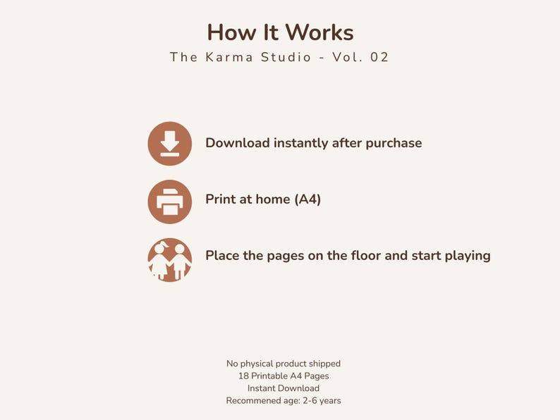 Peut inclure: Graphique beige avec le texte &laquo;&nbsp;How It Works&nbsp;&raquo; et &laquo;&nbsp;The Karma Studio - Vol. 02&nbsp;&raquo;. Les instructions incluent le t&eacute;l&eacute;chargement, l'impression &agrave; domicile (A4) et le jeu. L'image indique &eacute;galement &laquo;&nbsp;Aucun produit physique exp&eacute;di&eacute;&nbsp;&raquo; et &laquo;&nbsp;&Acirc;ge recommand&eacute;&nbsp;: 2-6 ans&nbsp;&raquo;.
