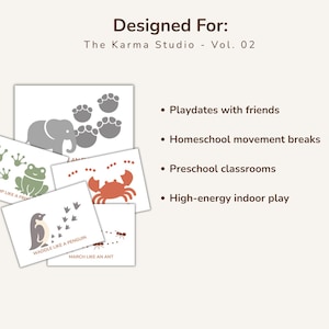 Peut inclure: Ensemble de cartes illustr&eacute;es avec des consignes de mouvements sur le th&egrave;me des animaux. Les cartes pr&eacute;sentent un &eacute;l&eacute;phant gris, une grenouille verte, un crabe rouge, un pingouin et une fourmi. Con&ccedil;u pour les jeux et les activit&eacute;s int&eacute;rieures.