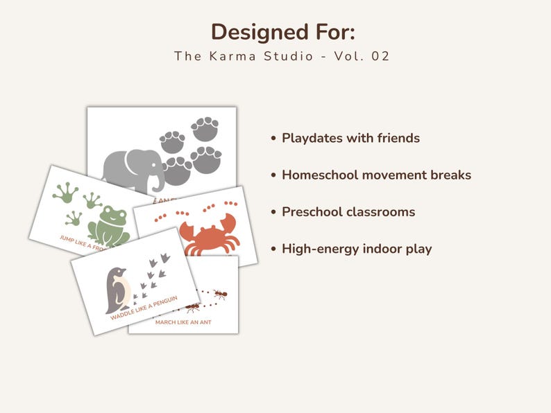 Peut inclure: Ensemble de cartes illustr&eacute;es avec des consignes de mouvements sur le th&egrave;me des animaux. Les cartes pr&eacute;sentent un &eacute;l&eacute;phant gris, une grenouille verte, un crabe rouge, un pingouin et une fourmi. Con&ccedil;u pour les jeux et les activit&eacute;s int&eacute;rieures.