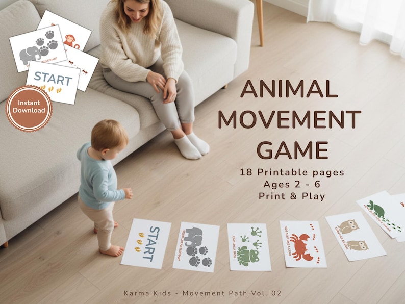 Peut inclure: Un jeu pour enfants avec des cartes de mouvements d'animaux. Les cartes pr&eacute;sentent des empreintes d'animaux et des illustrations, avec le mot "START" et "T&eacute;l&eacute;chargement instantan&eacute;". Le texte "ANIMAL MOVEMENT GAME" est &eacute;galement visible.