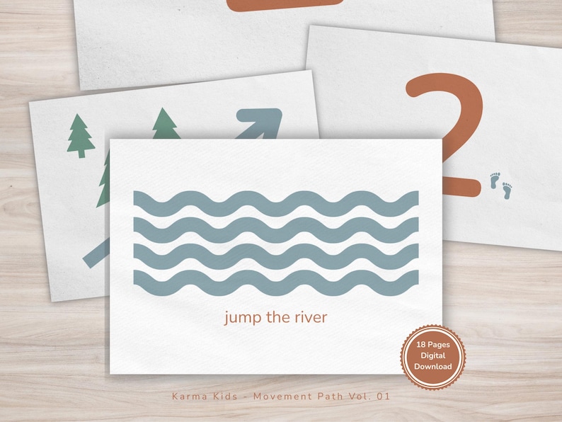 May include: A collection of white cards featuring illustrations and text for a children's movement activity. One card displays blue waves with the text "jump the river." Other cards show the number 2, footprints, trees, and an arrow. The cards are labeled "Karma Kids - Movement Path Vol. 01."