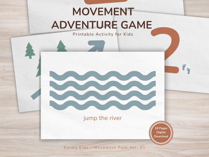 Puede incluir: Un conjunto de tarjetas de actividades imprimibles para ni&ntilde;os. Las tarjetas presentan ilustraciones de &aacute;rboles, flechas y l&iacute;neas onduladas con el texto "jump the river". El t&iacute;tulo "MOVEMENT ADVENTURE GAME" est&aacute; en la parte superior. Incluye una descarga digital.