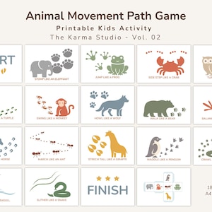 Peut inclure: Un jeu d'activit&eacute; imprimable pour enfants intitul&eacute; "Animal Movement Path Game", avec des illustrations d'animaux et des instructions de mouvement. Le jeu comprend un d&eacute;but et une fin, avec 18 pages PDF A4.
