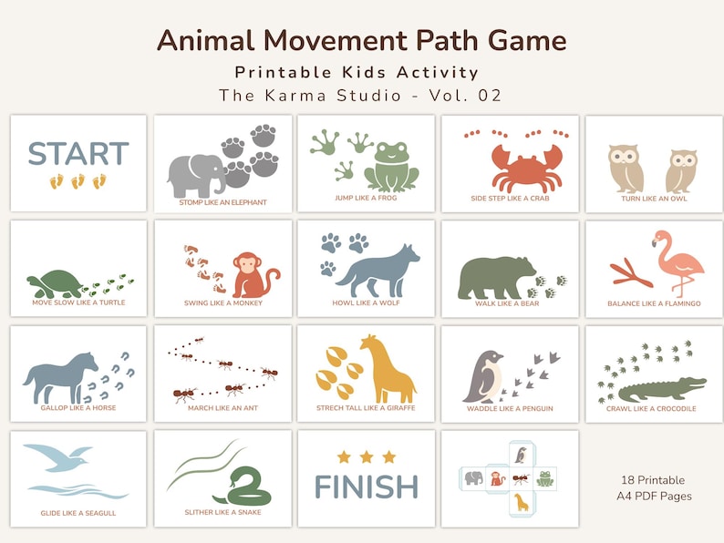 Peut inclure: Un jeu d'activit&eacute; imprimable pour enfants intitul&eacute; "Animal Movement Path Game", avec des illustrations d'animaux et des instructions de mouvement. Le jeu comprend un d&eacute;but et une fin, avec 18 pages PDF A4.