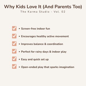 Peut inclure: Graphique cr&egrave;me avec le texte "Why Kids Love It (And Parents Too)" et des puces &eacute;num&eacute;rant les avantages tels que le plaisir sans &eacute;cran, le mouvement actif et l'&eacute;quilibre am&eacute;lior&eacute;. The Karma Studio Vol. 02 est &eacute;galement affich&eacute;.