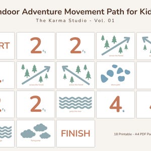 May include: A printable indoor adventure movement path for children. The design includes numbered steps, arrows, and illustrations of trees, stones, and water. The text includes "Start" and "Finish".