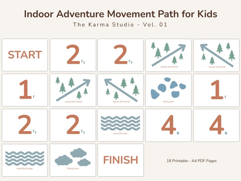 May include: A printable indoor adventure movement path for children. The design includes numbered steps, arrows, and illustrations of trees, stones, and water. The text includes "Start" and "Finish".