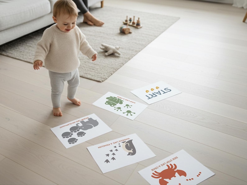 Peut inclure: Un b&eacute;b&eacute; v&ecirc;tu d'un pull cr&egrave;me et d'un pantalon gris se tient debout sur un plancher en bois clair. Des cartes imprim&eacute;es avec des illustrations d'animaux et des instructions sont dispos&eacute;es sur le sol, dont une carte avec le mot "START".