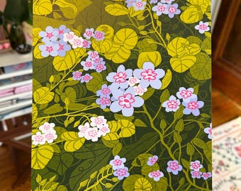 May include: A green and yellow floral print with pink and blue flowers. The print features a repeating pattern of leaves and flowers.