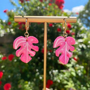 Handmade Pink Monstera Huggie Earrings: Polymer Clay Plant Lover Jewelry