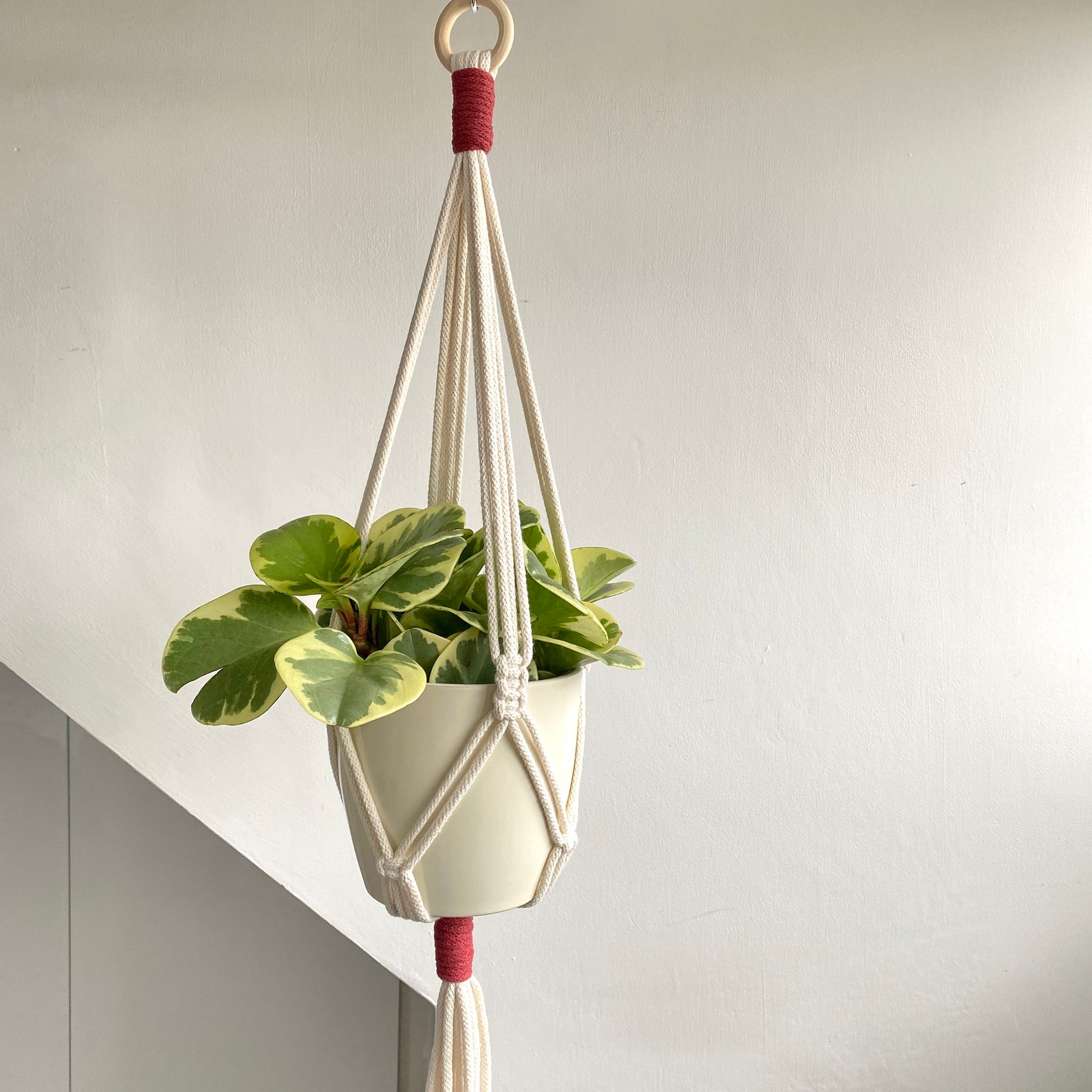 Two Toned Macrame Hanging Basket with Wooden Ring Pink Etsy