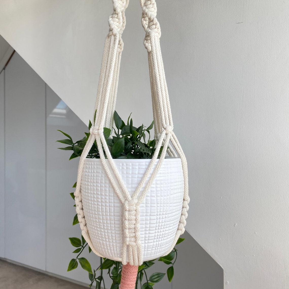 Long Two Toned Macrame Hanging Basket with Silver Ring Pink Etsy