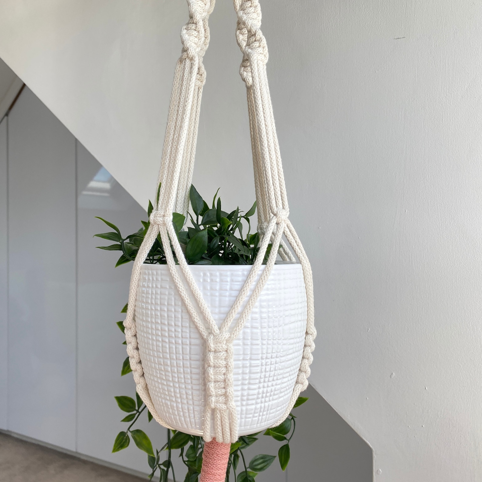 Long Two Toned Macrame Hanging Basket With Silver Ring Pink Etsy