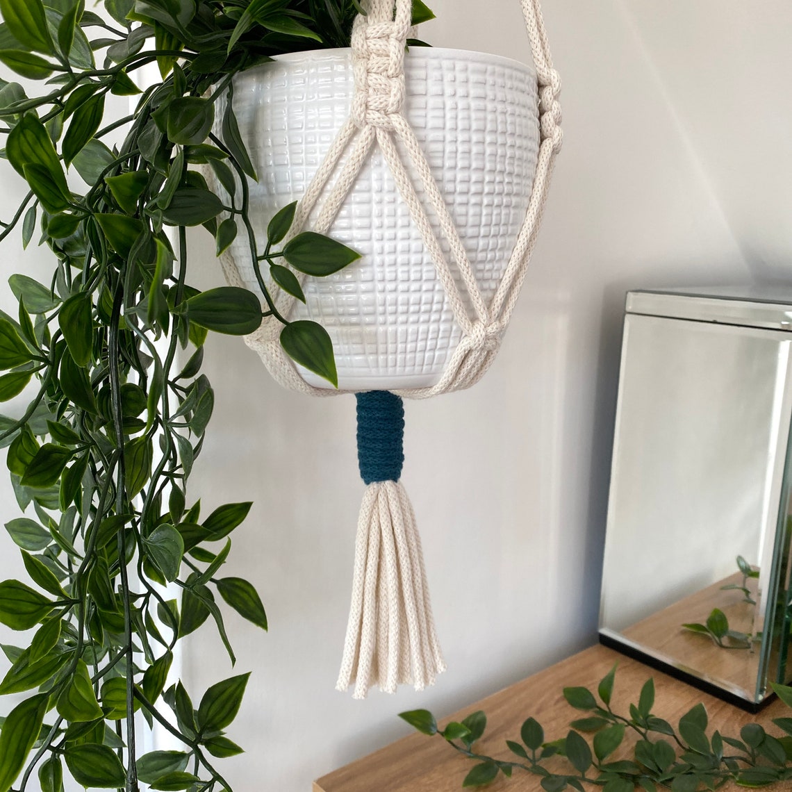Two Toned Macrame Hanging Basket With Silver Ring Pink Etsy