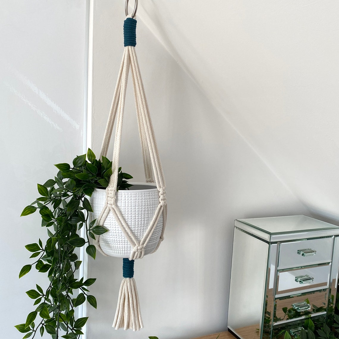 Two Toned Macrame Hanging Basket With Silver Ring Pink Etsy