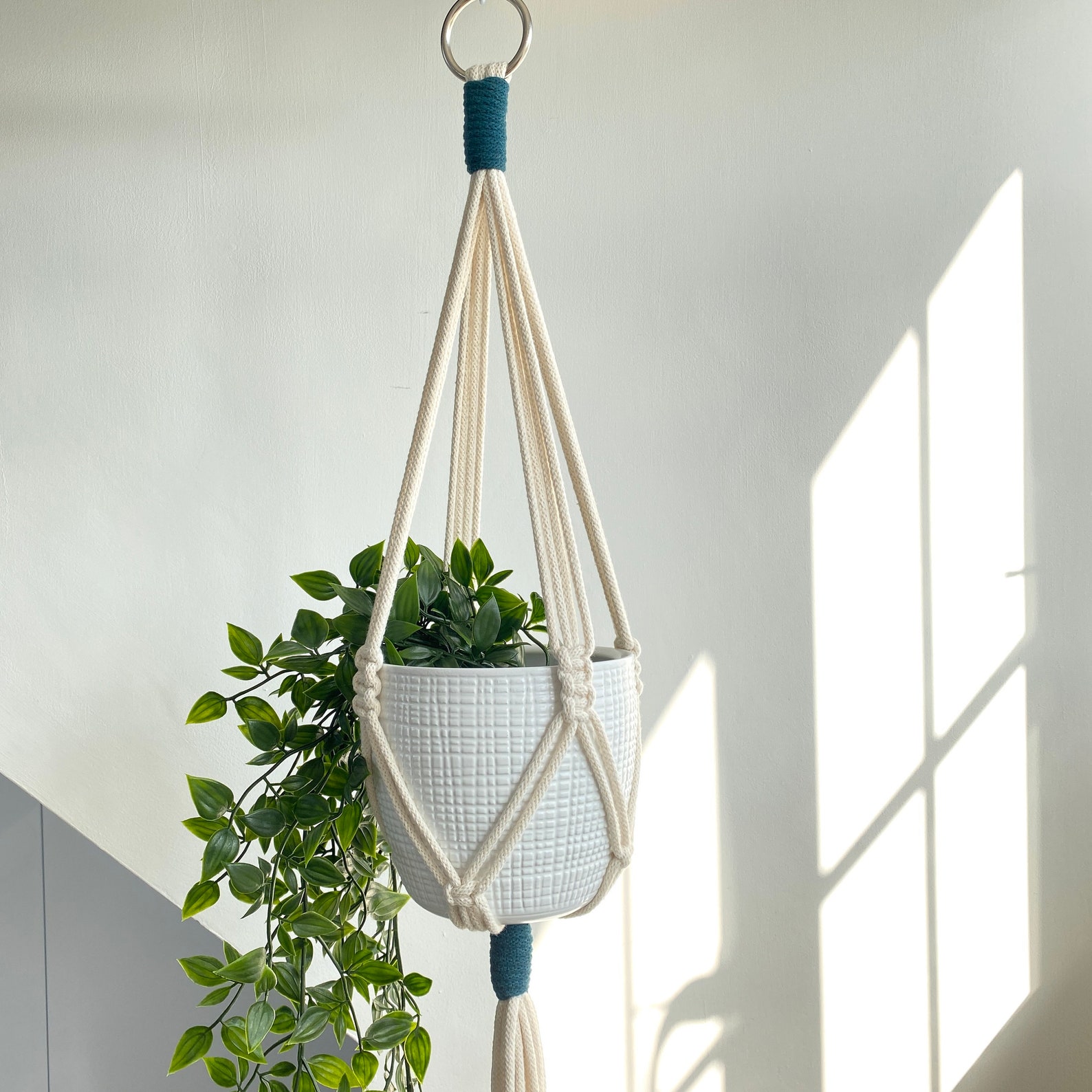 Two Toned Macrame Hanging Basket With Silver Ring Pink Etsy