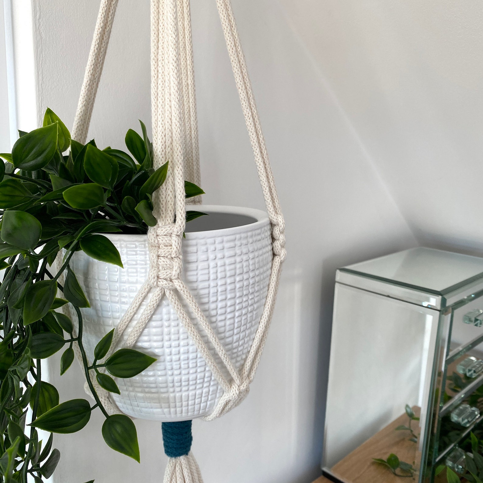 Two Toned Macrame Hanging Basket With Silver Ring Pink Etsy