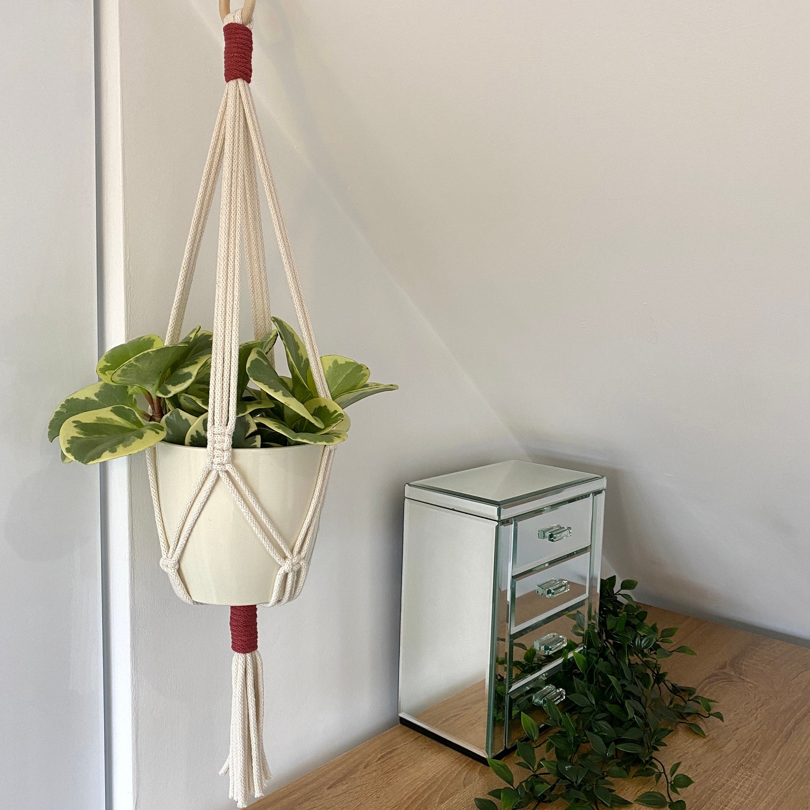 Two Toned Macrame Hanging Basket with Wooden Ring Pink Etsy