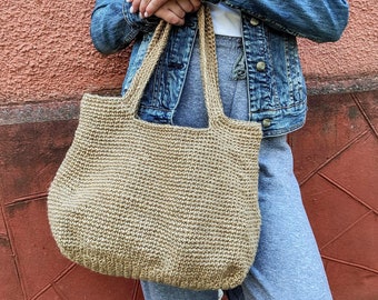 Sac en jute crocheté respectueux de l'environnement pour femme, sac de marché réutilisable, panier en osier fait main. Sac de plage tissé, petit sac d'été, panier en paille.