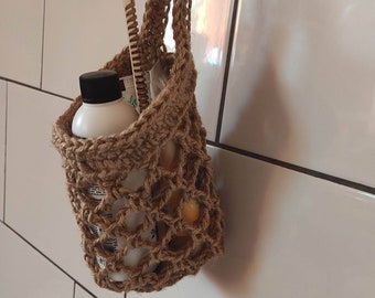 Small wall hanging mesh basket. Rustic kitchen wall storage. Farmhouse bathroom. Handmade decorative basket  tu hang from hooks, vegan gift.
