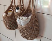 Hanging jute mesh baskets. Wall hanging baskets set. Bathroom storage and organization ideas. Zero-waste storage. Farmhouse decor Vegan gift