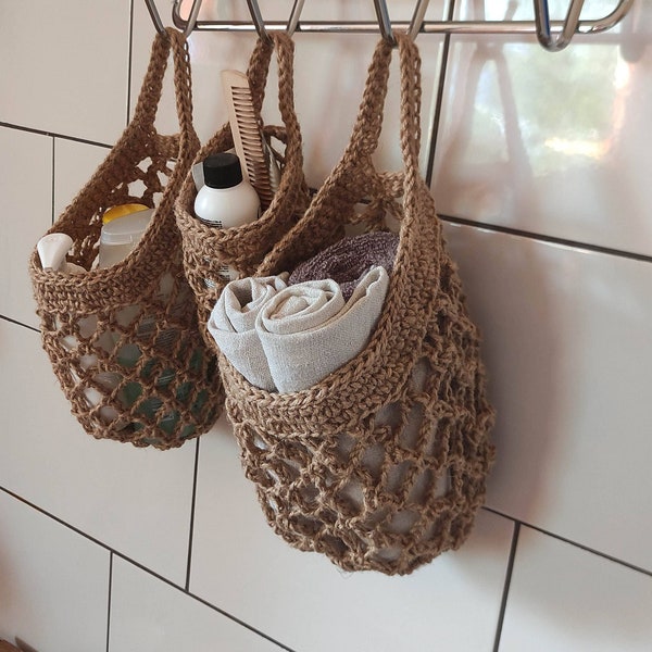 Hanging jute mesh baskets. Wall hanging baskets set. Bathroom storage and organization ideas. Zero-waste storage. Farmhouse decor Vegan gift
