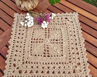 Square crochet doily from jute. Lace doily handmade. Rustic dinning table mat. Eco-friendly placemats for table. Farmhouse table decor.