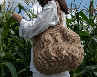 Large woven beach tote bag for women. Summer jute handbag crocheted. Handmade canvas bag. Woven jute bag. Wicker  tote bag. Vegan gift.