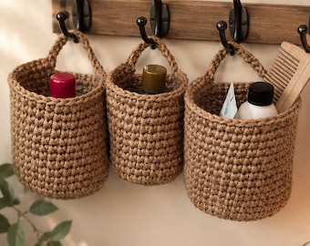 Wall hanging baskets set. Crochet jute baskets. Zero-waste storage. Bathroom storage and organization ideas. Farmhouse decor. Vegan gift