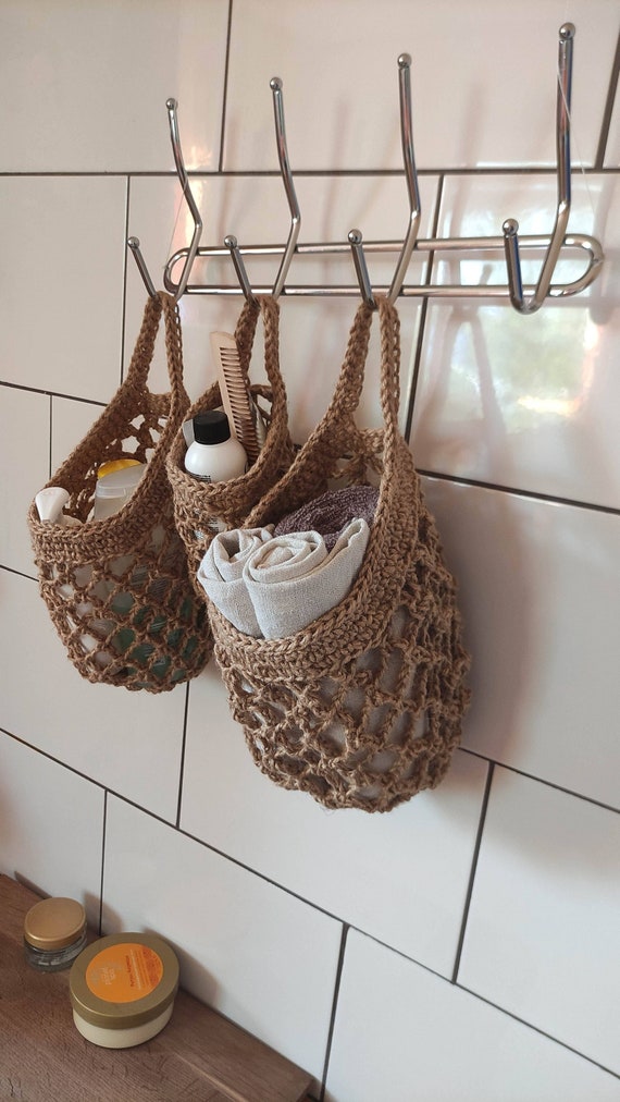 Hanging Jute Mesh Baskets. Wall Hanging Baskets Set. Bathroom