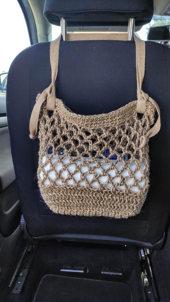 Crocheteted hanging jute mesh bag organizer for back and front car seat. Car trash with adjustable straps. Car garbage can. Car lover gift.