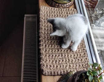 Jute cat window perch mat. window sill cover. Custom size mat. Jute scratcher. Handmade small rug. Natural cat bed. Gift for a pet.