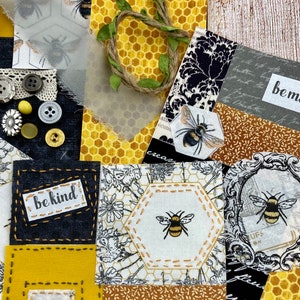 Honey Bee Slow Stitch Kit, Bumble Bee Fabric Bundle, Personalized Textile Collage Art, Junk Journal Cover, Quilt Fabric Pack, DIY Sewing Kit