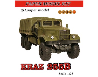 Paper truck model, Paper model kit, Papercraft 3D KRAZ 255B Paper Truck Model Kit: 3D Papercraft DIY