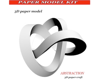 May include: A 3D paper model kit of an abstract design. The model is made of white paper and has a black outline. The model is a complex shape with multiple curves and loops. The text "PAPER MODEL KIT" and "3D paper model" are at the top of the image. The text "ABSTRACTION" and "3D paper craft" are at the bottom of the image.