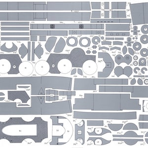 May include: A detailed paper model kit for building a vintage steam locomotive. The kit includes a variety of parts, including wheels, axles, boiler, and a cab. The model is designed to be assembled using glue and is suitable for experienced model builders.