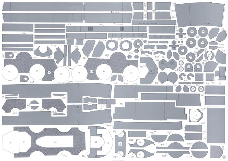 May include: A detailed paper model kit for building a vintage steam locomotive. The kit includes a variety of parts, including wheels, axles, boiler, and a cab. The model is designed to be assembled using glue and is suitable for experienced model builders.