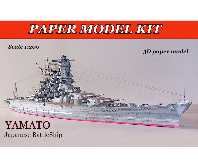 May include: A paper model kit of the Japanese battleship Yamato. The model is in 1:200 scale and is a 3D paper model. The model is shown assembled and painted in a grey colour with red accents.