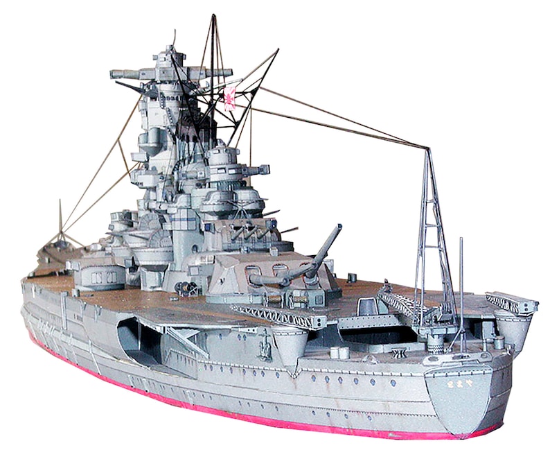 May include: A detailed model of a Japanese battleship, painted in a grey and brown colour scheme. The model features intricate details, including the ship's guns, masts, and rigging. The ship's hull is painted in a dark grey colour, and the deck is painted in a light brown colour. The model is set against a white background.