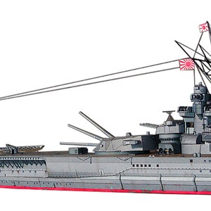 May include: A side view of a large, grey battleship with a red stripe along the bottom. The ship has multiple gun turrets and a large, black funnel. The ship is flying two Japanese flags.