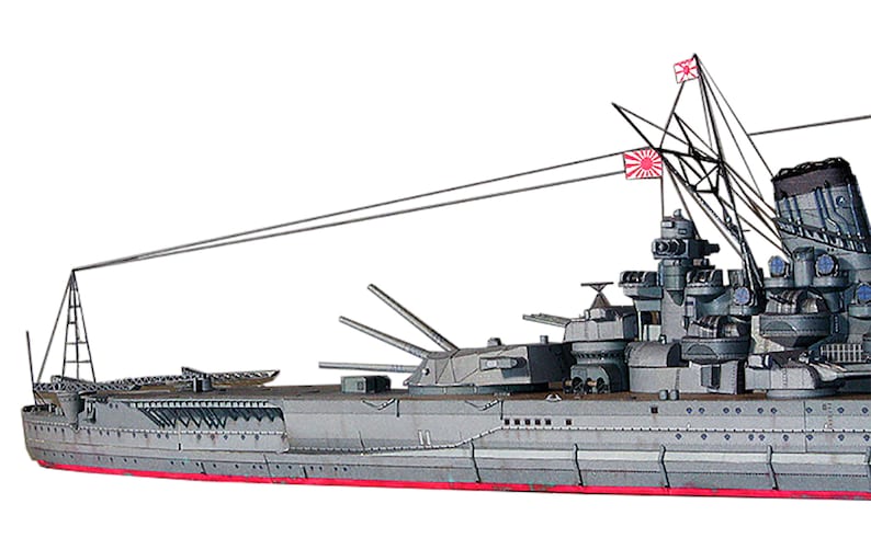 May include: A side view of a large, grey battleship with a red stripe along the bottom. The ship has multiple gun turrets and a large, black funnel. The ship is flying two Japanese flags.