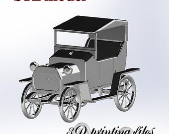 May include: A 3D printed model of a vintage car with a black roof and a silver body. The model is labeled "STL model" and "3D printing files".
