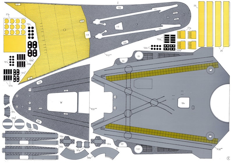 May include: A paper model kit of a spaceship with detailed instructions and numbered parts. The model is made of grey and yellow paper and includes a variety of shapes and sizes.