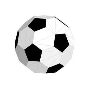Op de afbeelding: Een zwart-witte voetbal met een geometrisch ontwerp. De bal is gemaakt van driehoeken en heeft een 3D-effect.