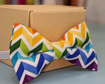 Rainbow Chevron Bow Tie! Cotton Bow Ties. Handmade Fun Colours & Patterns. For Parties, weddings, Work, and Groomsmen. Easy to use.