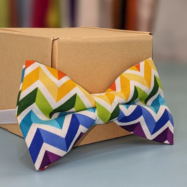 Rainbow Chevron Bow Tie! Cotton Bow Ties. Handmade Fun Colours & Patterns. For Parties, weddings, Work, and Groomsmen. Easy to use.