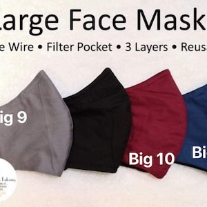 Pode incluir: Quatro m&aacute;scaras faciais grandes em cinza, preto, bord&ocirc; e azul. As m&aacute;scaras t&ecirc;m arames nasais, bolsos para filtros e tr&ecirc;s camadas. O texto "Large Face Masks" est&aacute; no topo da imagem. O texto "Nose Wire Filter Pocket 3 Layers Reusable" est&aacute; abaixo do t&iacute;tulo. O texto "Big 9", "Big 10" e "Big 11" est&aacute; nas m&aacute;scaras.