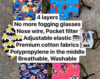 Facemask! 22th Collection! 4 Layer Reusable Origami Facemask with Nose Wires, Adjustable Sliders, Filter Pockets and Polypropylene Layer