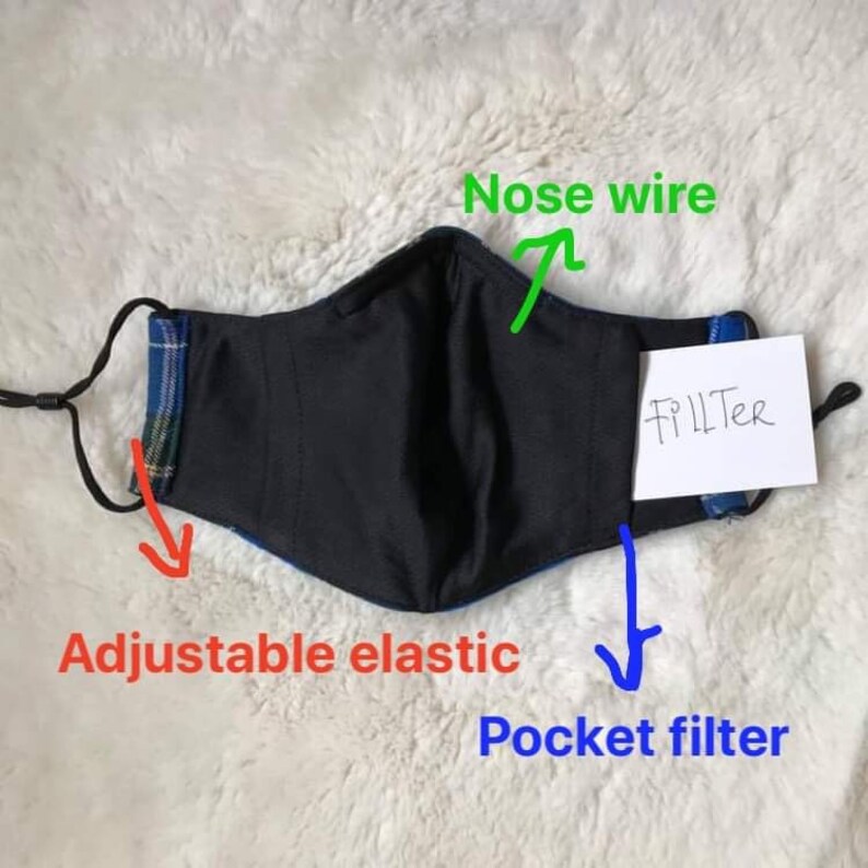 Black three layer cotton,mesh .Nose wire,Pocket filter,Adjustable Elastic